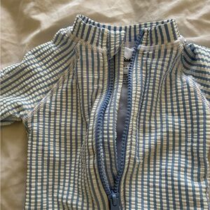 Tommy Bahama Blue White Striped Zip One Piece Rashguard Romper Swimsuit Wet Suit